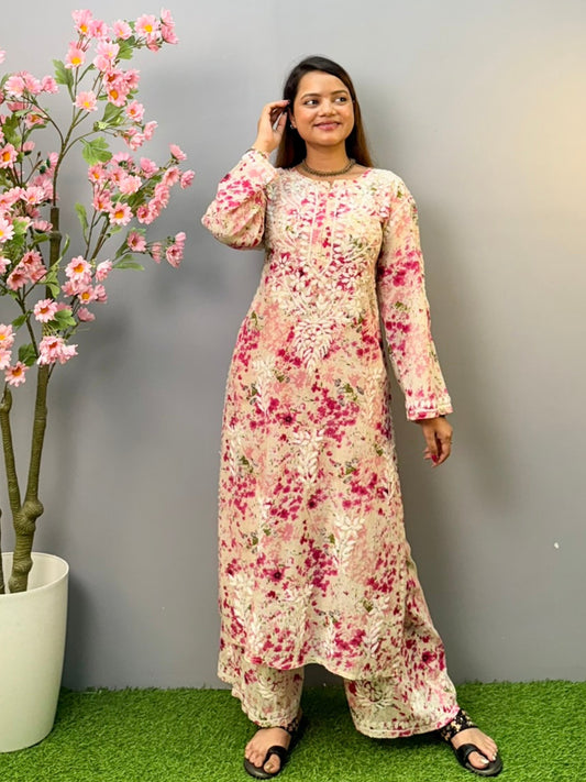 Pink floral printed Chikankari kurta and palazzo set in mulmul cotton with hand embroidery – ethnic women’s wear