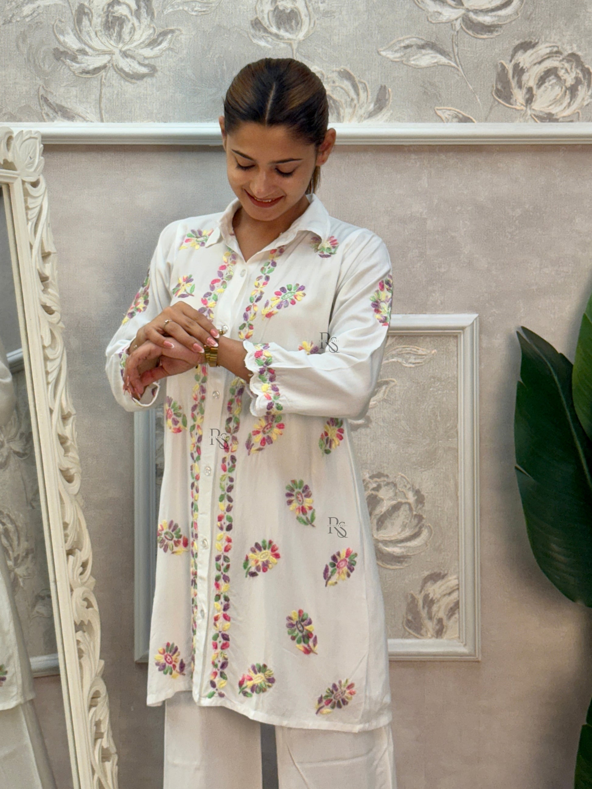White rayon Lucknow Chikankari kurta and palazzo set with multi-color thread hand embroidery
