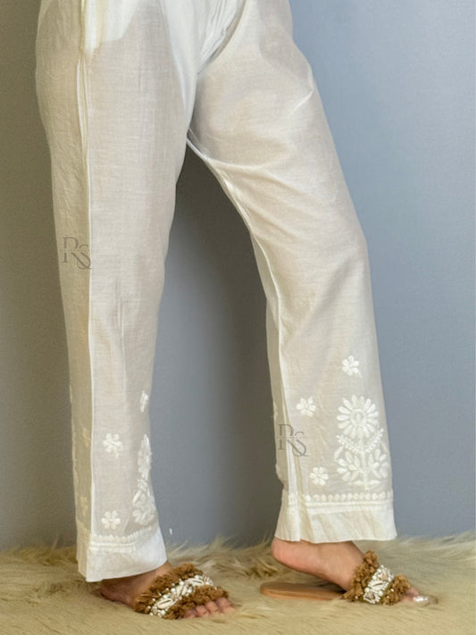 White chanderi chikankari bottom with floral embroidery and side pocket