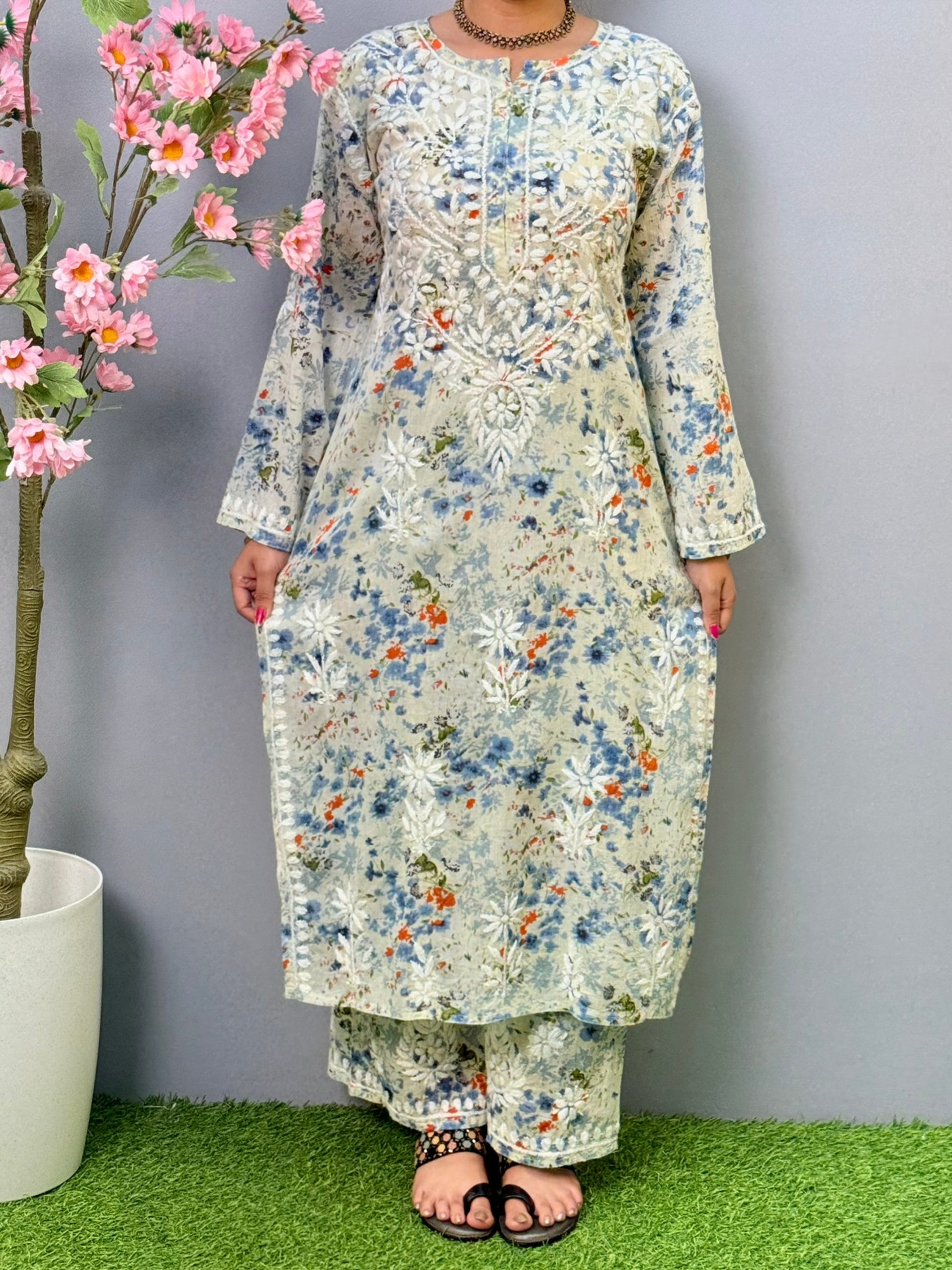 Floral printed blue-grey mulmul Chikankari kurta and palazzo set with hand embroidery for women