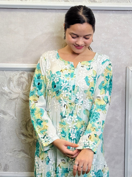 Lucknow Chikankari green floral printed mulmul kurta palazzo set with chiffon dupatta, hand embroidered and lightweight.