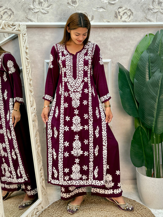 Lucknow chikankari wine rayon kurta and palazzo set with white hand embroidery