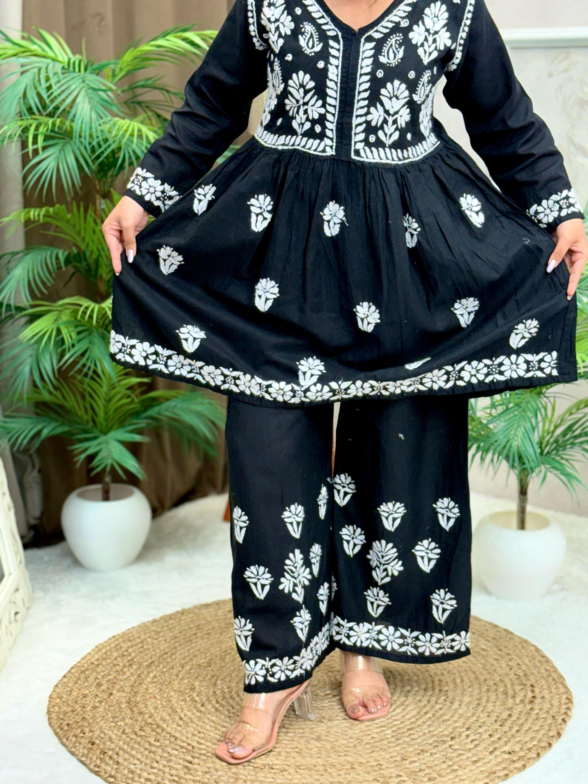 Black cotton Lucknow Chikankari kurta and palazzo set with white embroidery