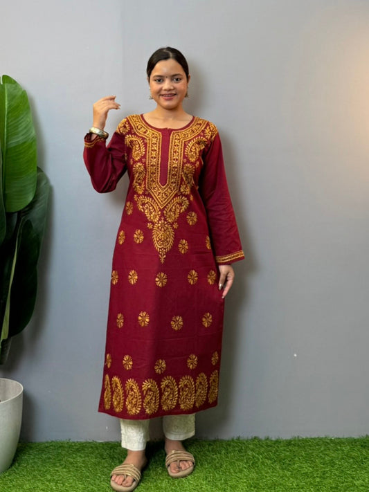 Maroon cotton Lucknowi Chikankari kurta with mustard hand embroidery for casual wear
