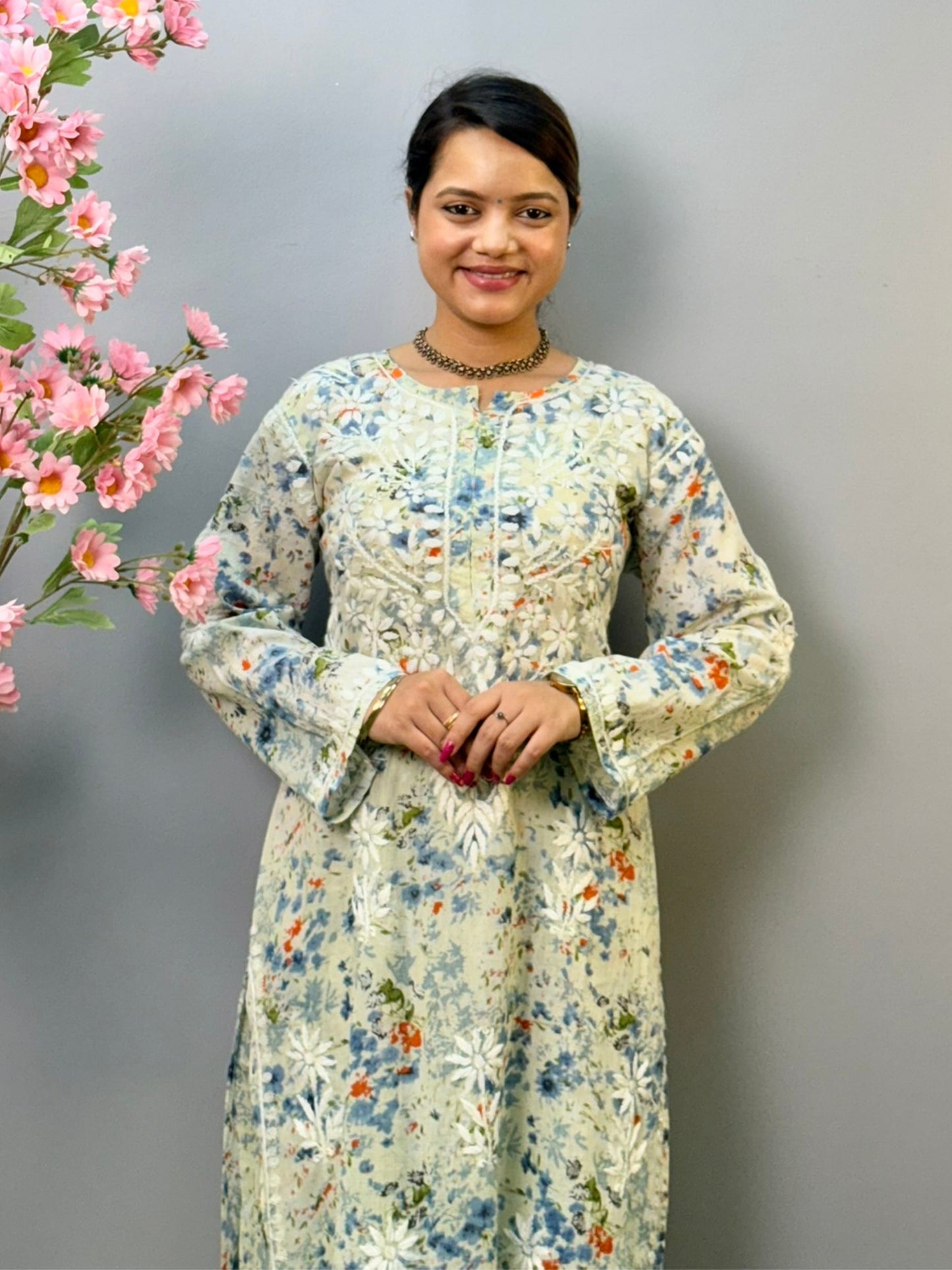 Floral printed blue-grey mulmul Chikankari kurta and palazzo set with hand embroidery for women