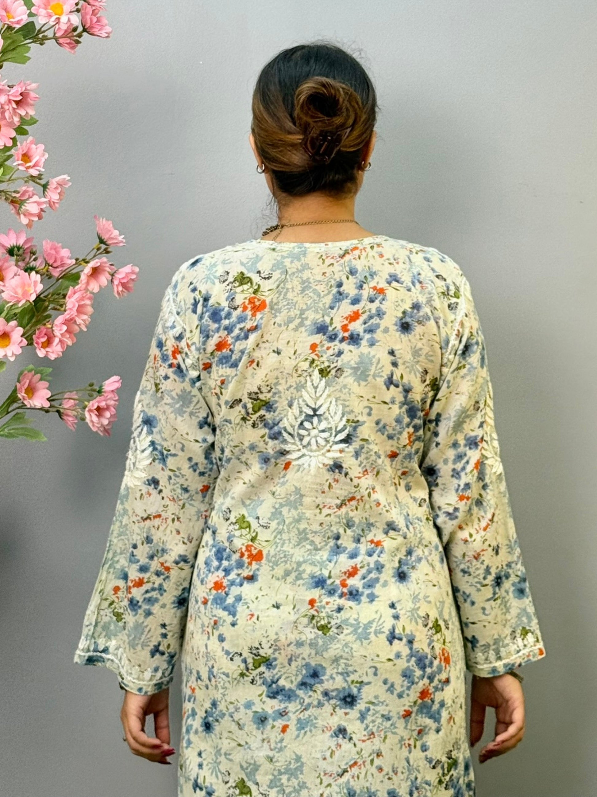 Floral printed blue-grey mulmul Chikankari kurta and palazzo set with hand embroidery for women
