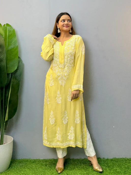Lemon yellow modal fabric Lucknowi Chikankari kurta with white hand embroidery, casual wear