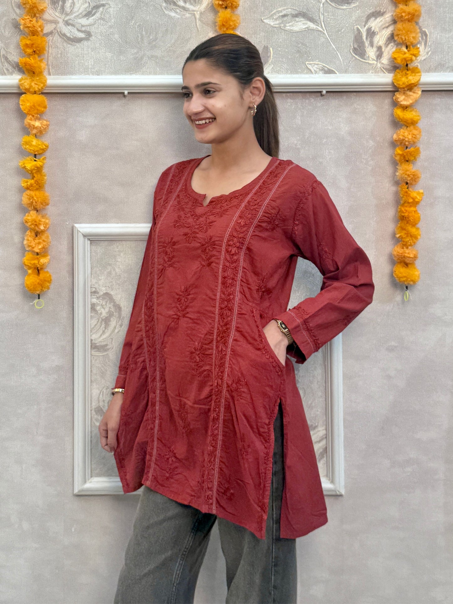 Maroon cotton short chikankari kurta with hand embroidery and both side pockets