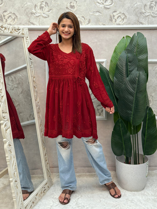 Red viscose chikankari short angrakha style kurta with hand embroidery.