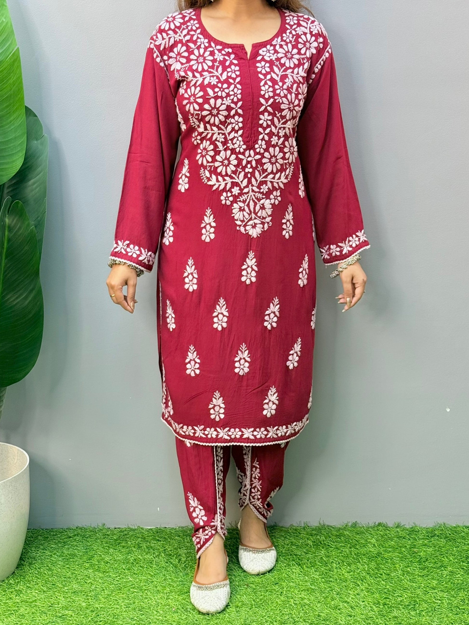 Wine red rayon chikankari kurta with matching embroidered dhoti pants and white hand embroidery