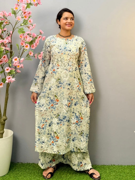 Floral printed blue-grey mulmul Chikankari kurta and palazzo set with hand embroidery for women
