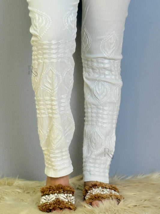White cotton chikankari bottom with premium embroidery and side pocket