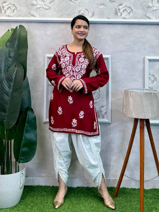 Maroon Lucknow Chikankari short kurta in modal fabric with white hand embroidery