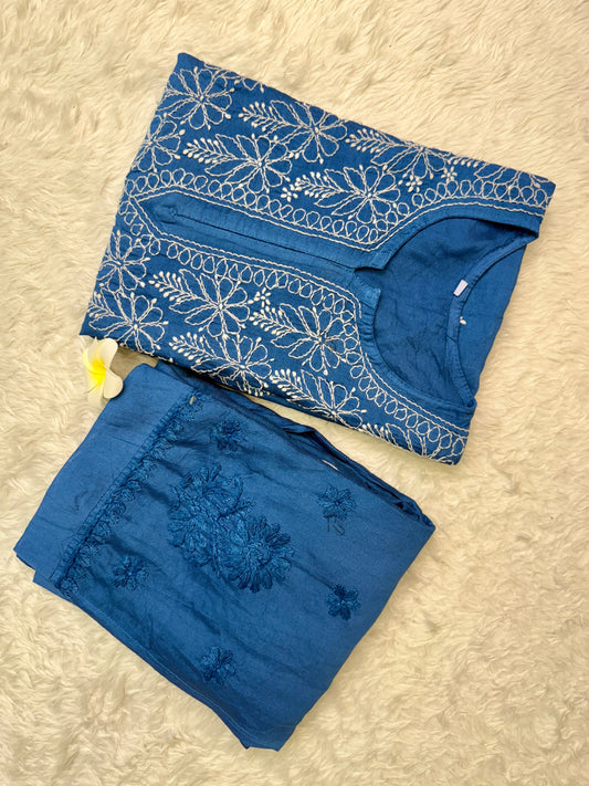 Blue Lucknow chikankari chanderi kurta and pant set with hand embroidery