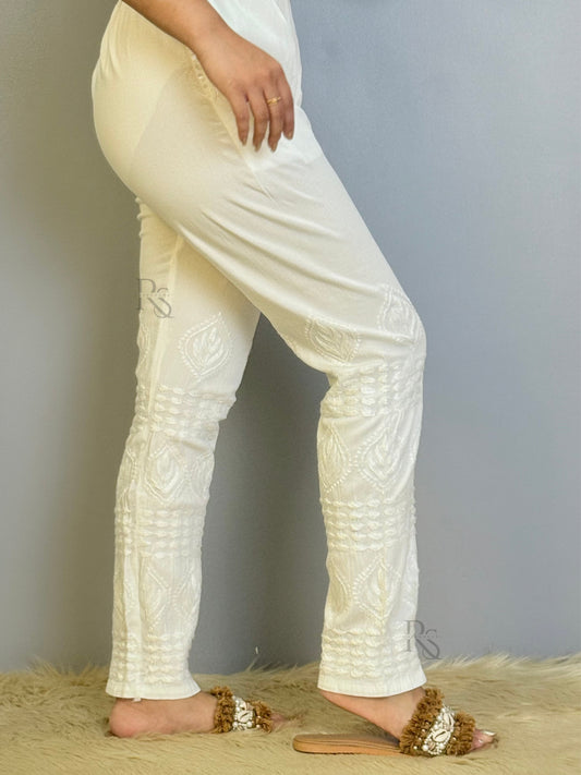 White cotton chikankari bottom with premium embroidery and side pocket