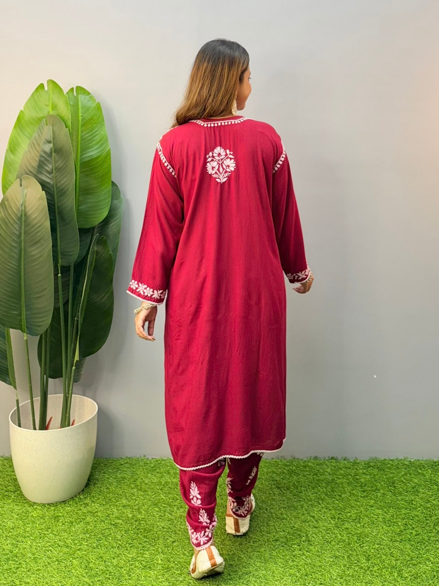Wine red rayon chikankari kurta with matching embroidered dhoti pants and white hand embroidery