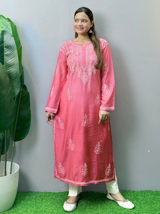 Pink Chanderi Lucknow Chikankari kurta with Bakhiya hand embroidery – elegant women’s ethnic wear.