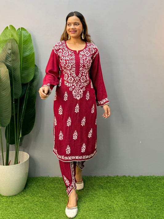 Wine red rayon chikankari kurta with matching embroidered dhoti pants and white hand embroidery
