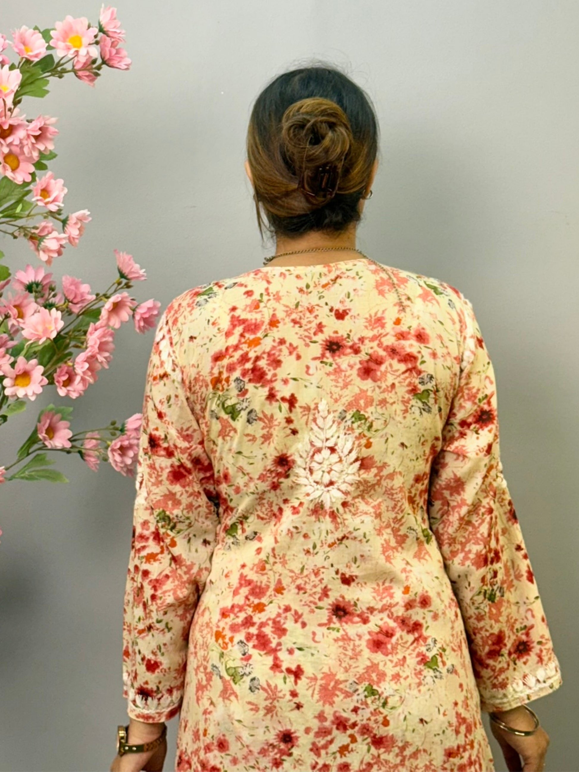 Red floral printed mulmul Chikankari kurta and palazzo set with hand embroidery for women