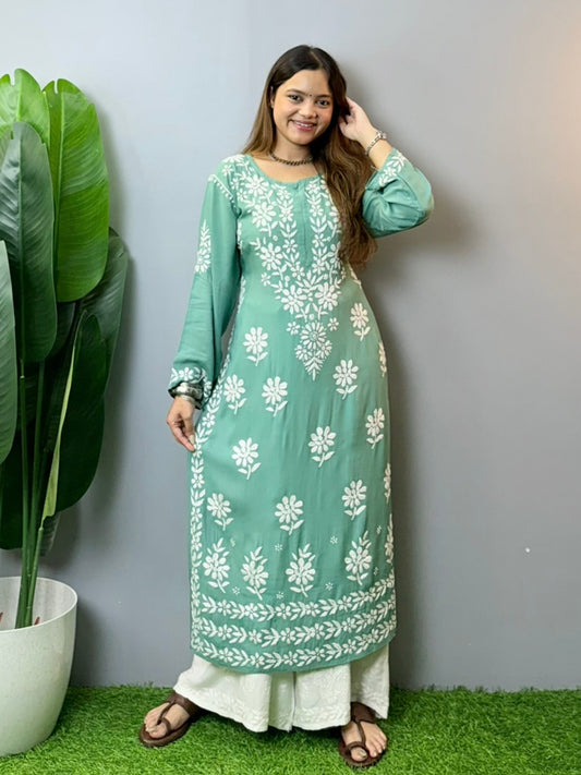 Sage green modal Chikankari kurta with white floral hand embroidery, perfect for summer wear