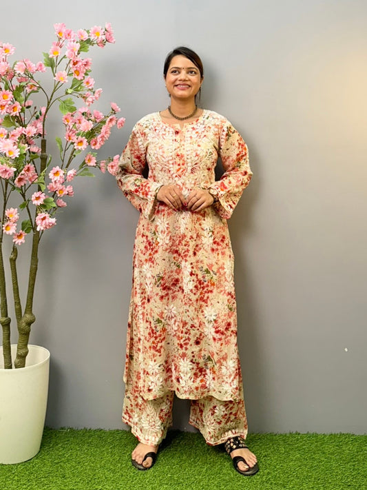 Red floral printed mulmul Chikankari kurta and palazzo set with hand embroidery for women