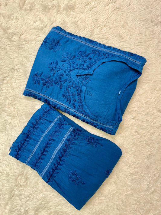 Blue Lucknow chikankari cotton kurta and pant set with hand embroidery and side pockets