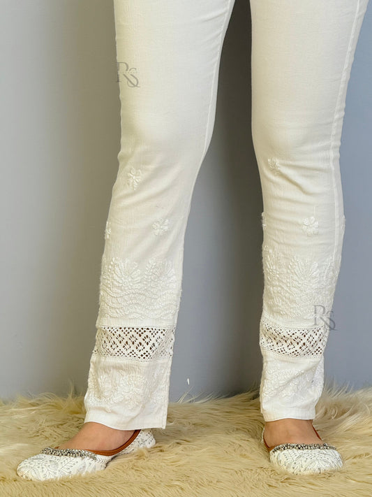 White cotton chikankari pant with lace and hand embroidery detailing