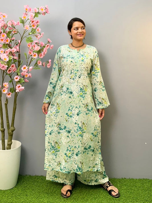 Green floral printed mulmul Chikankari kurta and palazzo set with white hand embroidery for women