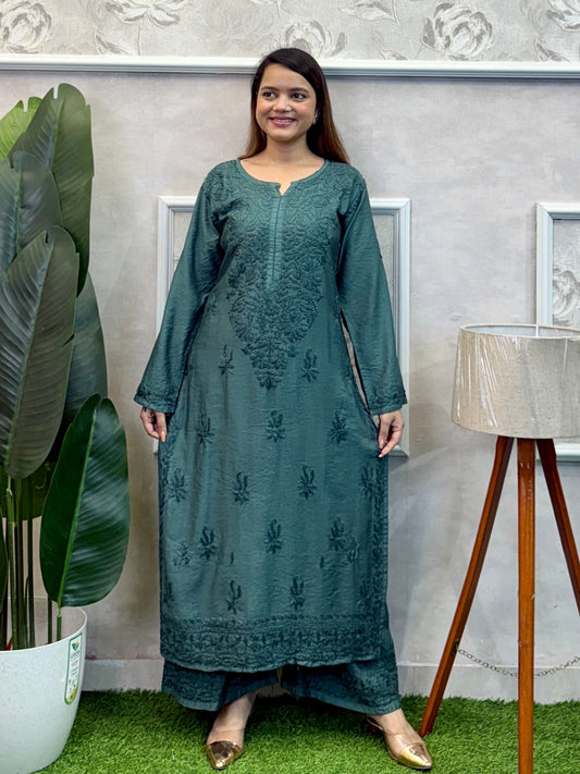 Dark Teal Lucknow Chikankari Kurta and Palazzo Set in Chanderi fabric with hand embroidery