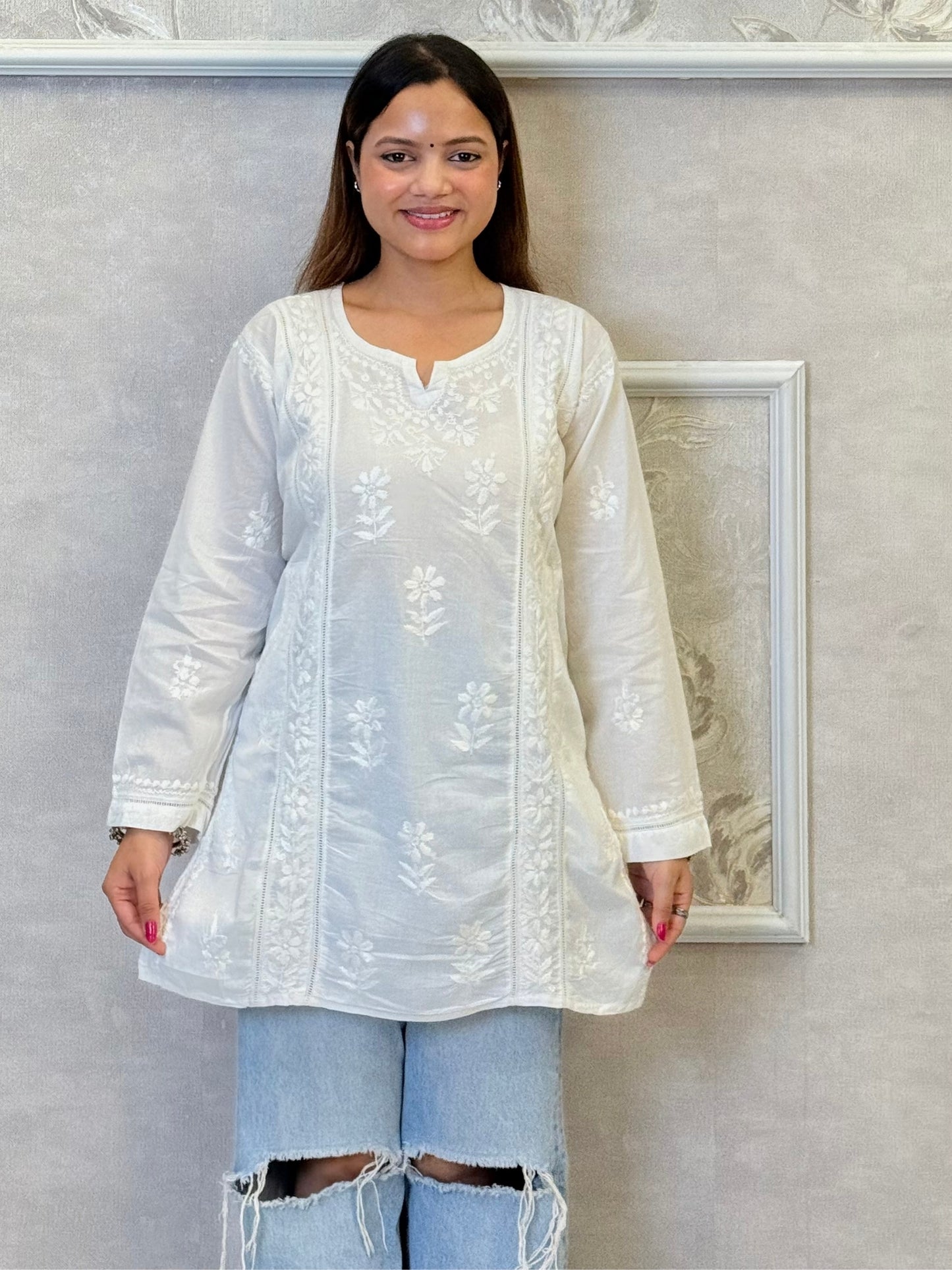 White mulmul short kurta with hand embroidery, dyable Lucknow Chikankari design