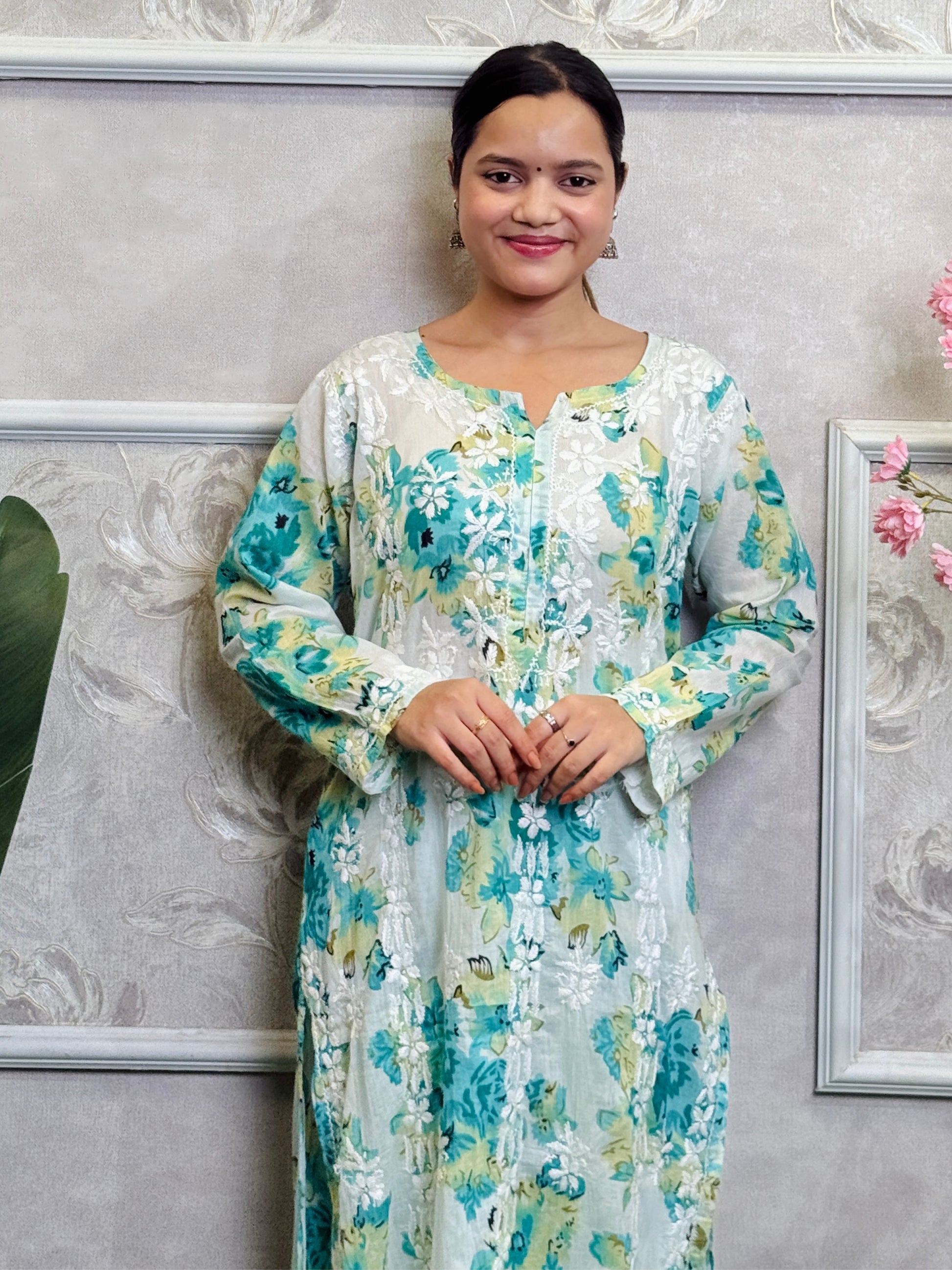 Lucknow Chikankari green floral printed mulmul kurta palazzo set with chiffon dupatta, hand embroidered and lightweight.