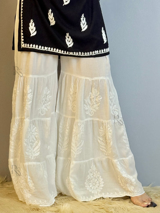 White modal 3-step sharara with hand Chikankari embroidery – bottom wear