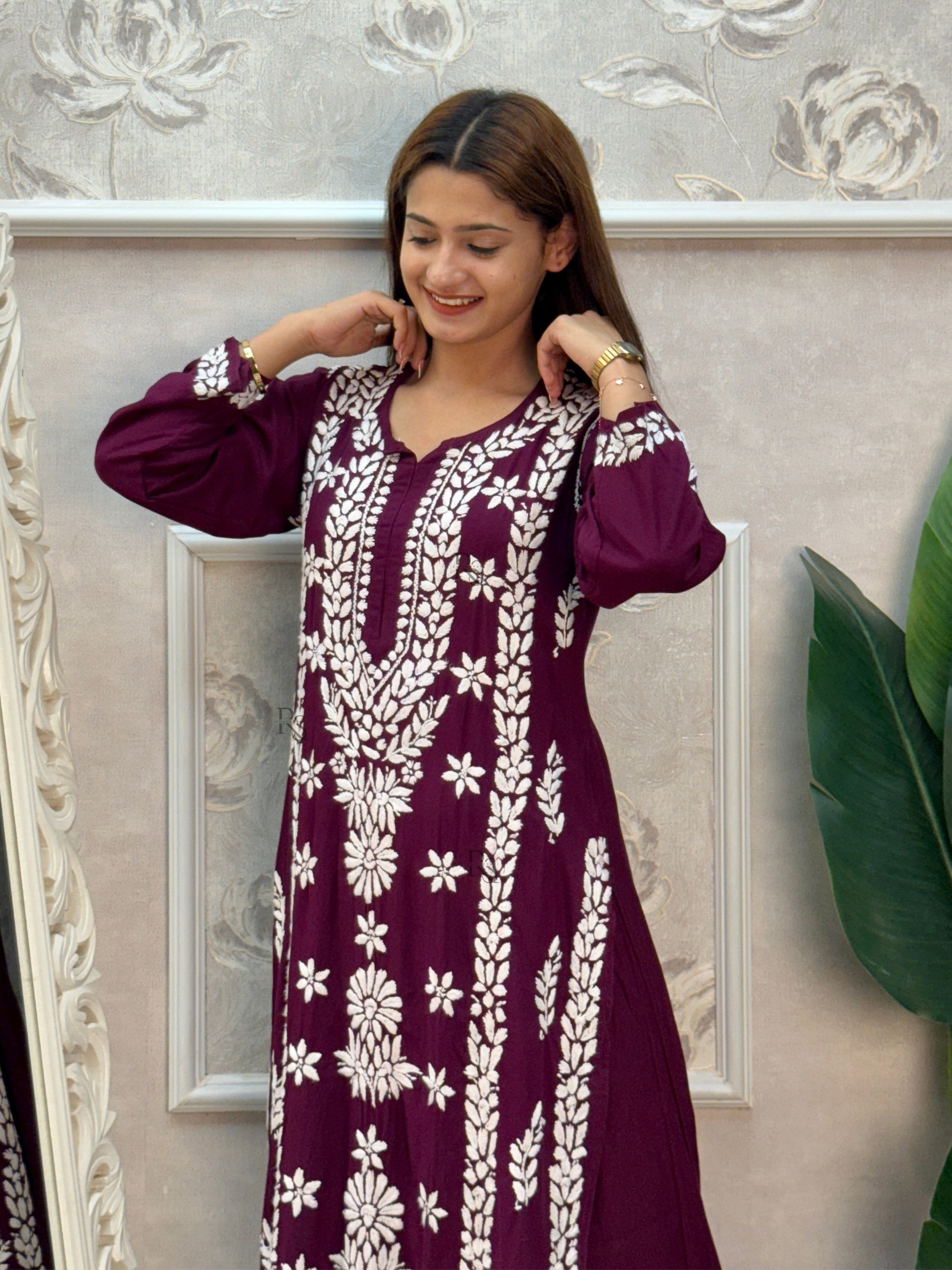 Lucknow chikankari wine rayon kurta and palazzo set with white hand embroidery