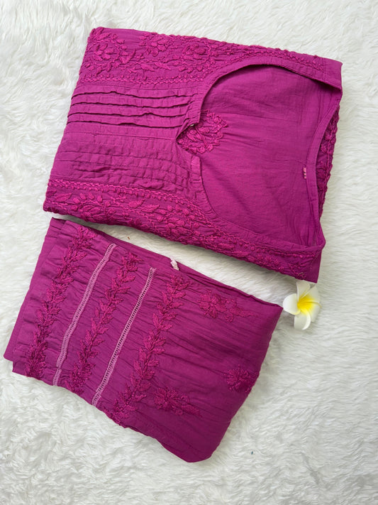 Magenta cotton short flair chikankari kurta with non-stretch pant and hand embroidery
