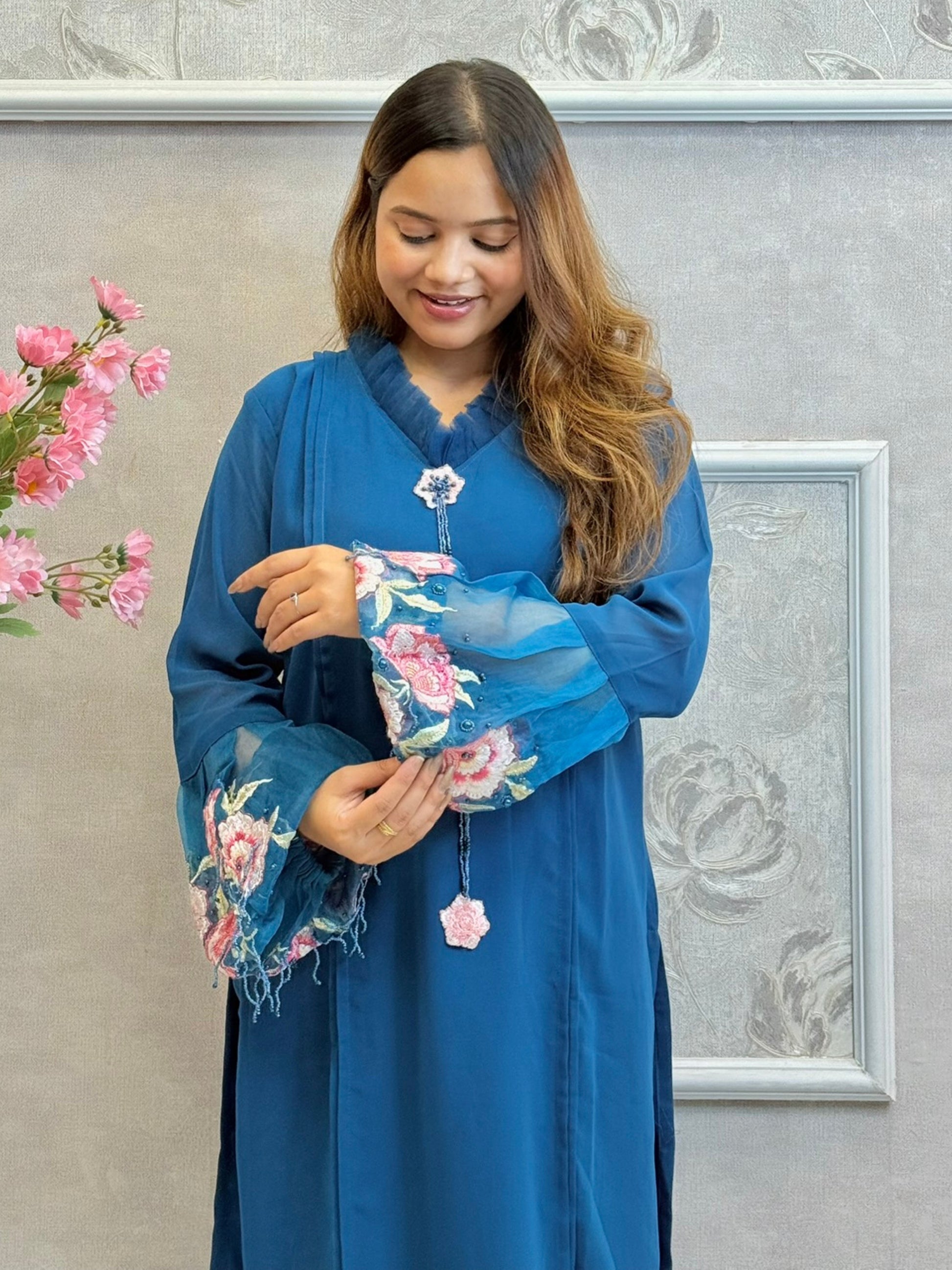 Midnight teal designer georgette kurta with floral embroidered organza sleeves and satin stretch pants