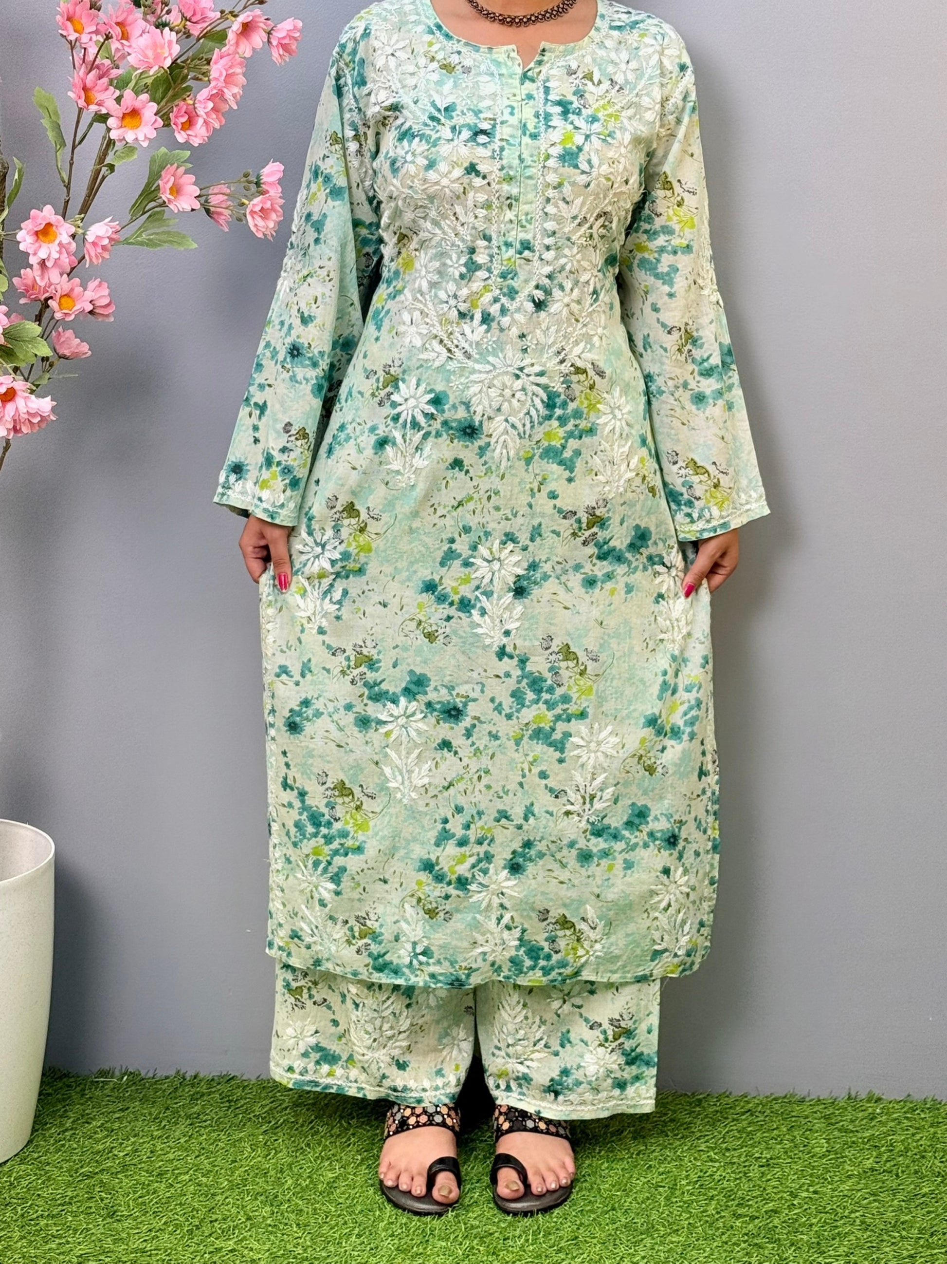 Green floral printed mulmul Chikankari kurta and palazzo set with white hand embroidery for women