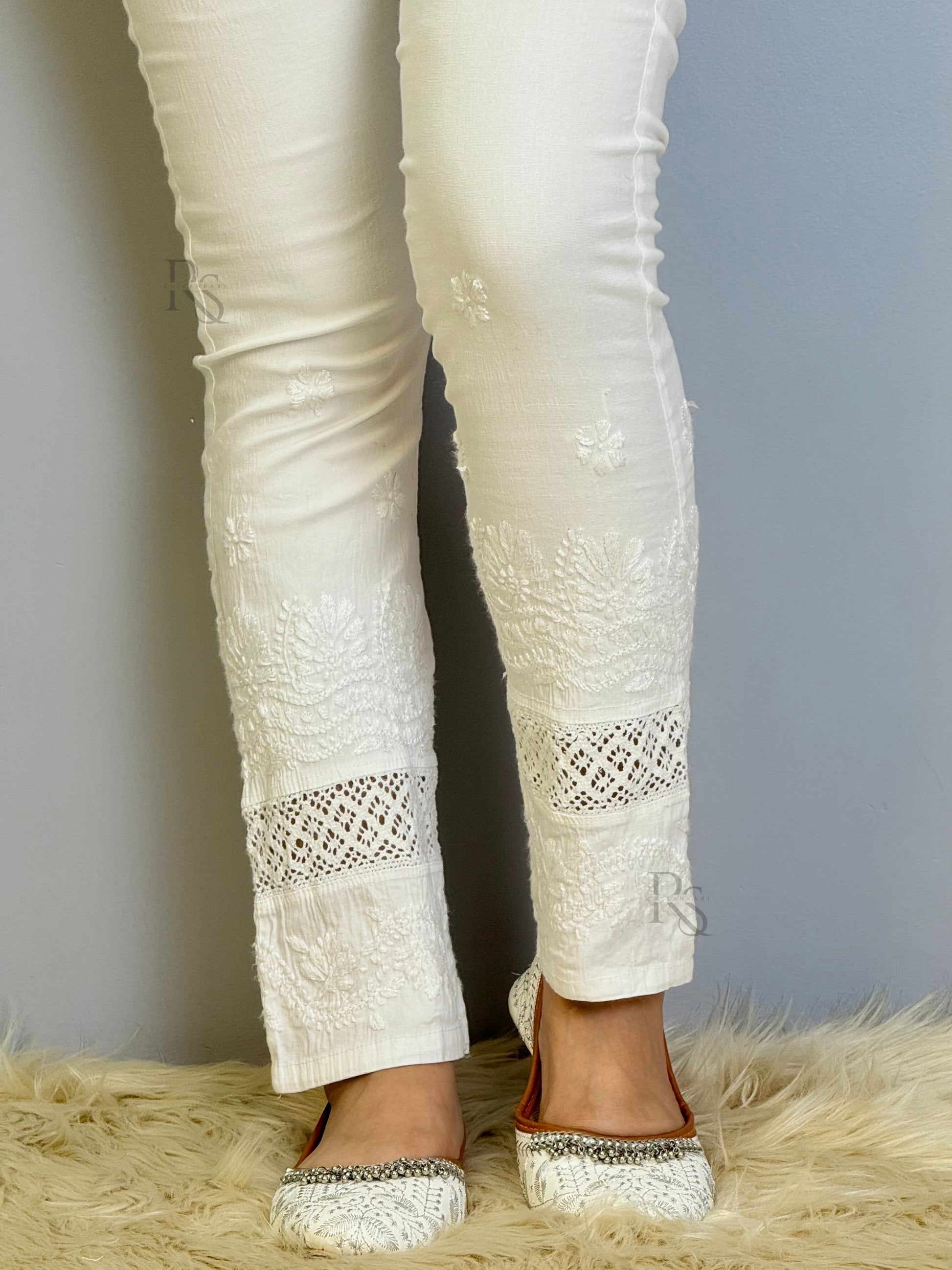 White cotton chikankari pant with lace and hand embroidery detailing
