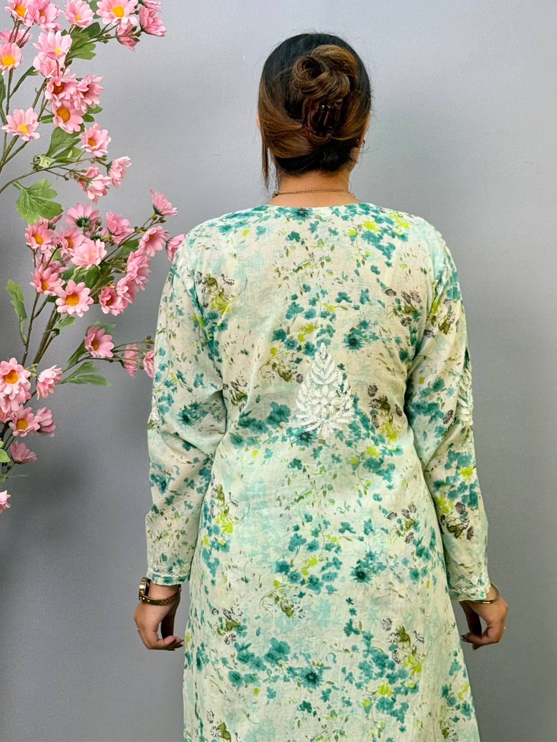Green floral printed mulmul Chikankari kurta and palazzo set with white hand embroidery for women