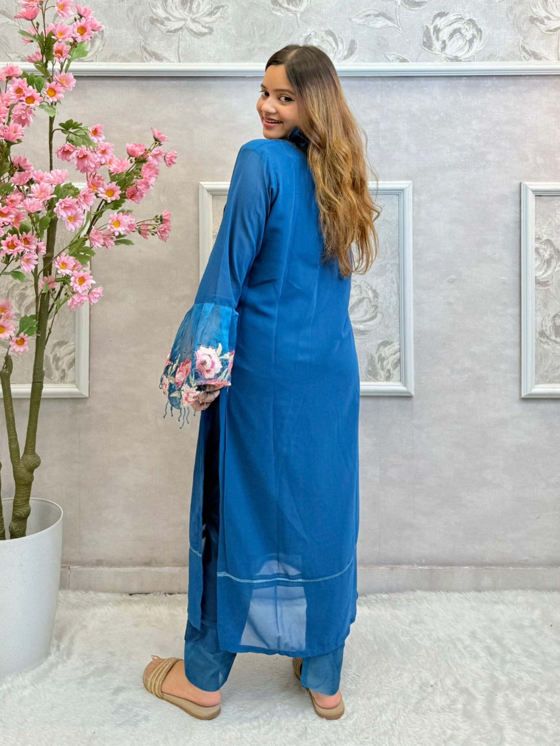 Midnight teal designer georgette kurta with floral embroidered organza sleeves and satin stretch pants