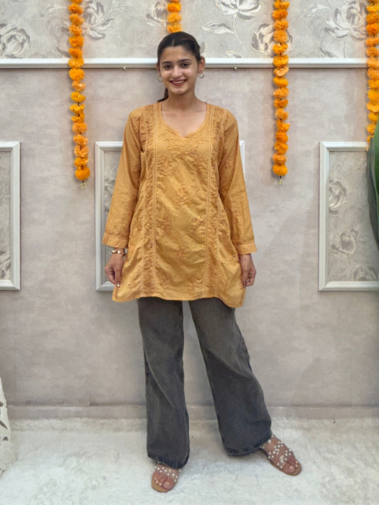 Mustard cotton short chikankari kurta with hand embroidery and both side pockets