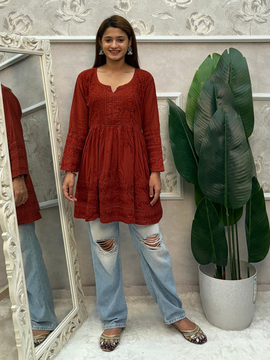 Rust cotton chikankari short flared kurta with hand embroidery.