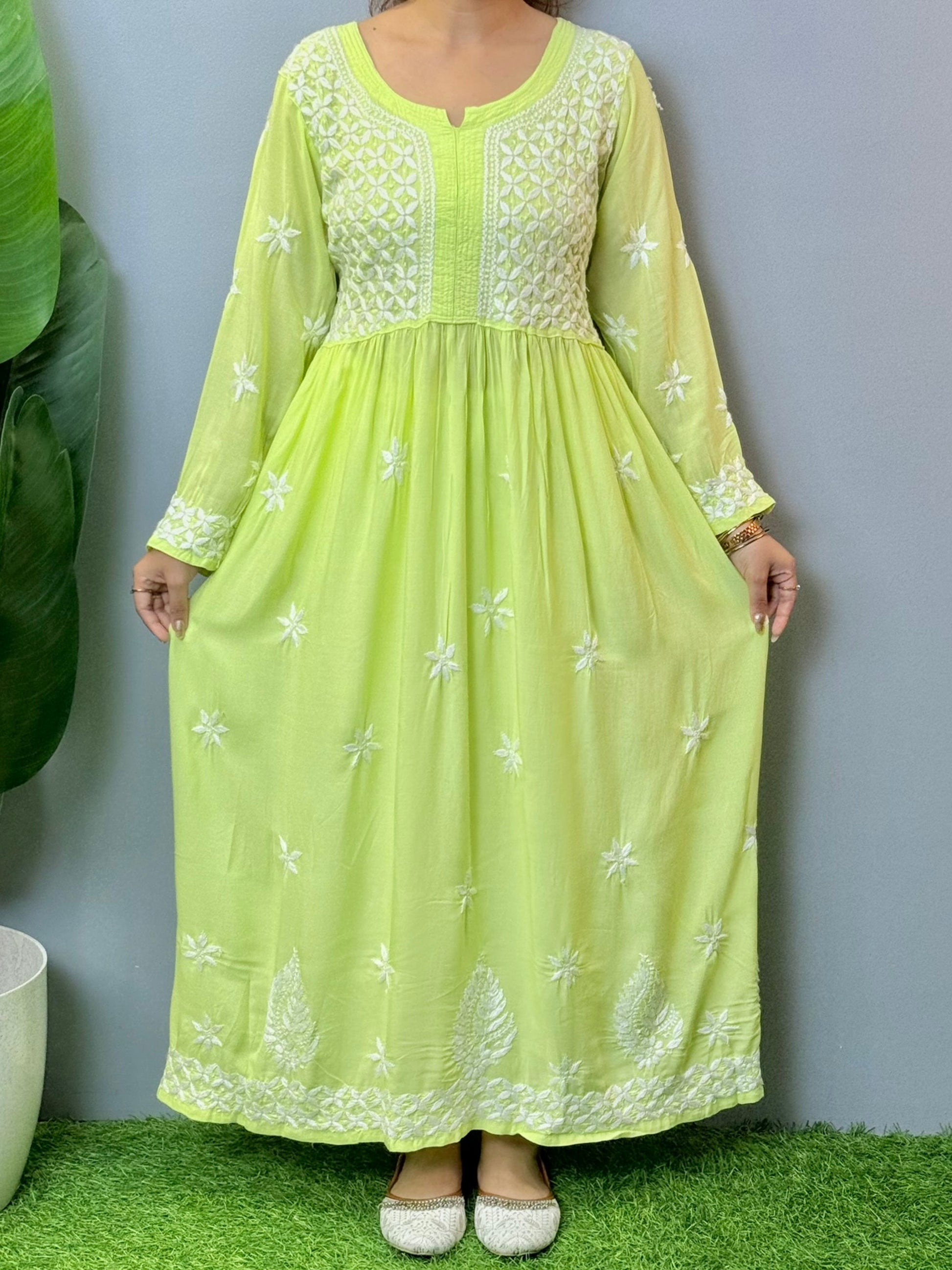 Lime green modal fabric Lucknowi Chikankari long frock with white hand embroidery, soft and comfortable