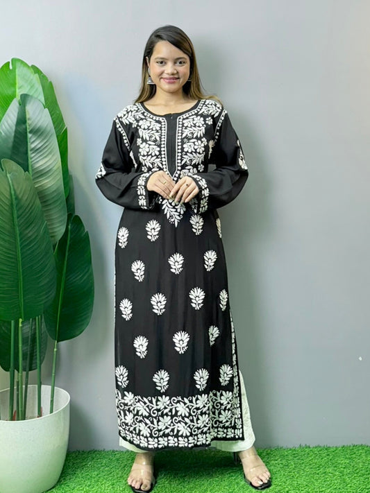 Black modal kurta with white Lucknowi Chikankari hand embroidery – soft and elegant ethnic wear for women