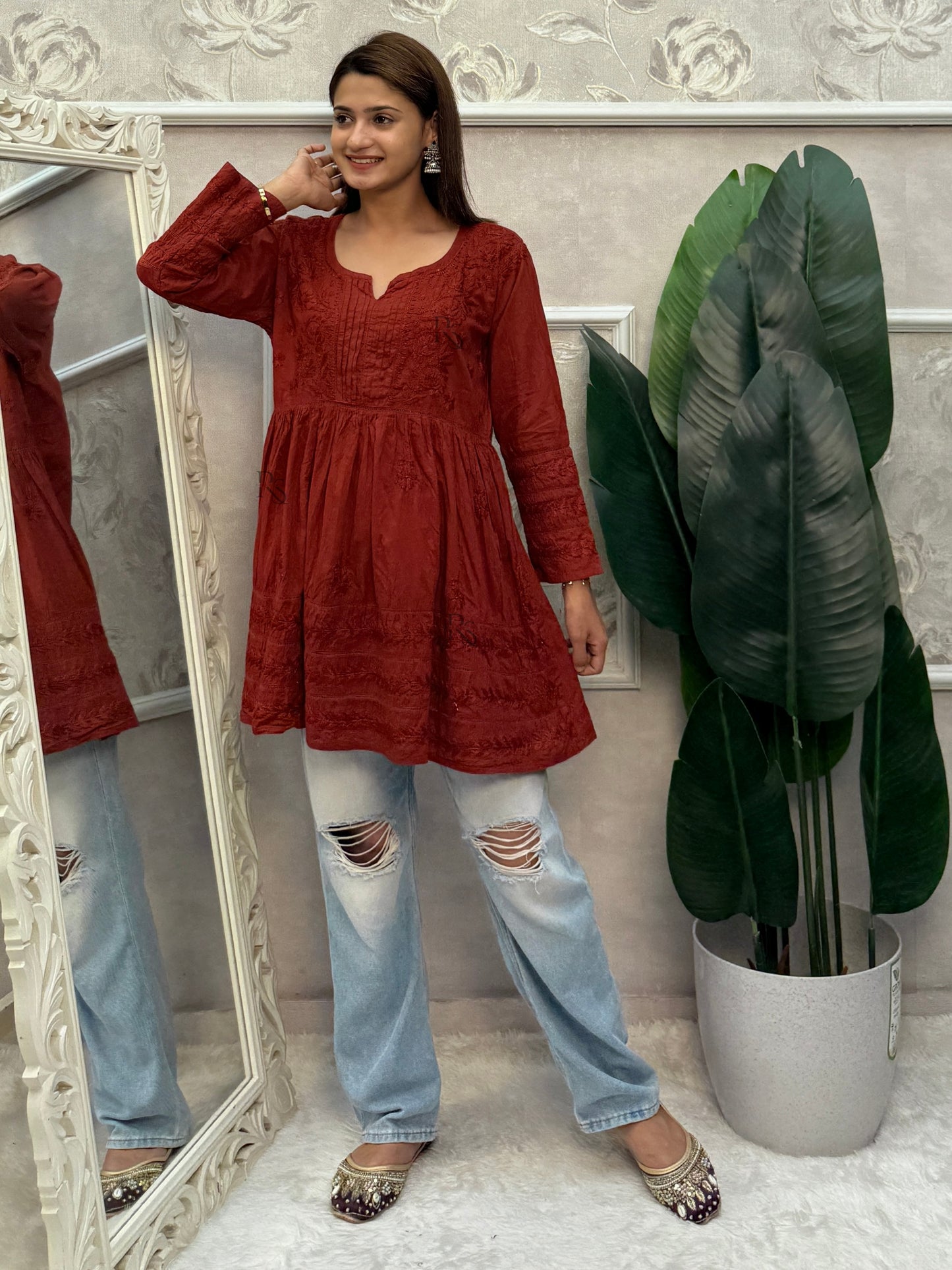Rust cotton chikankari short flared kurta with hand embroidery.