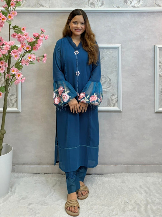 Midnight teal designer georgette kurta with floral embroidered organza sleeves and satin stretch pants