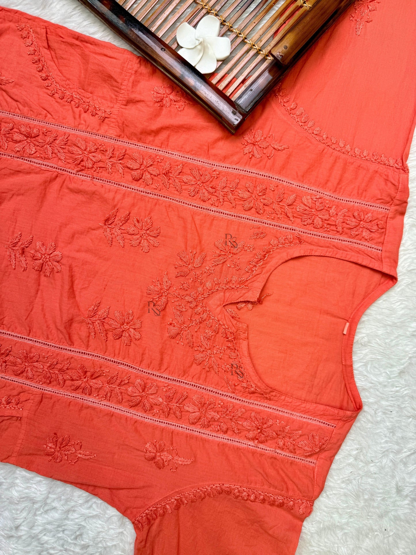 Coral cotton short Lucknow chikankari kurta with hand embroidery and side pockets