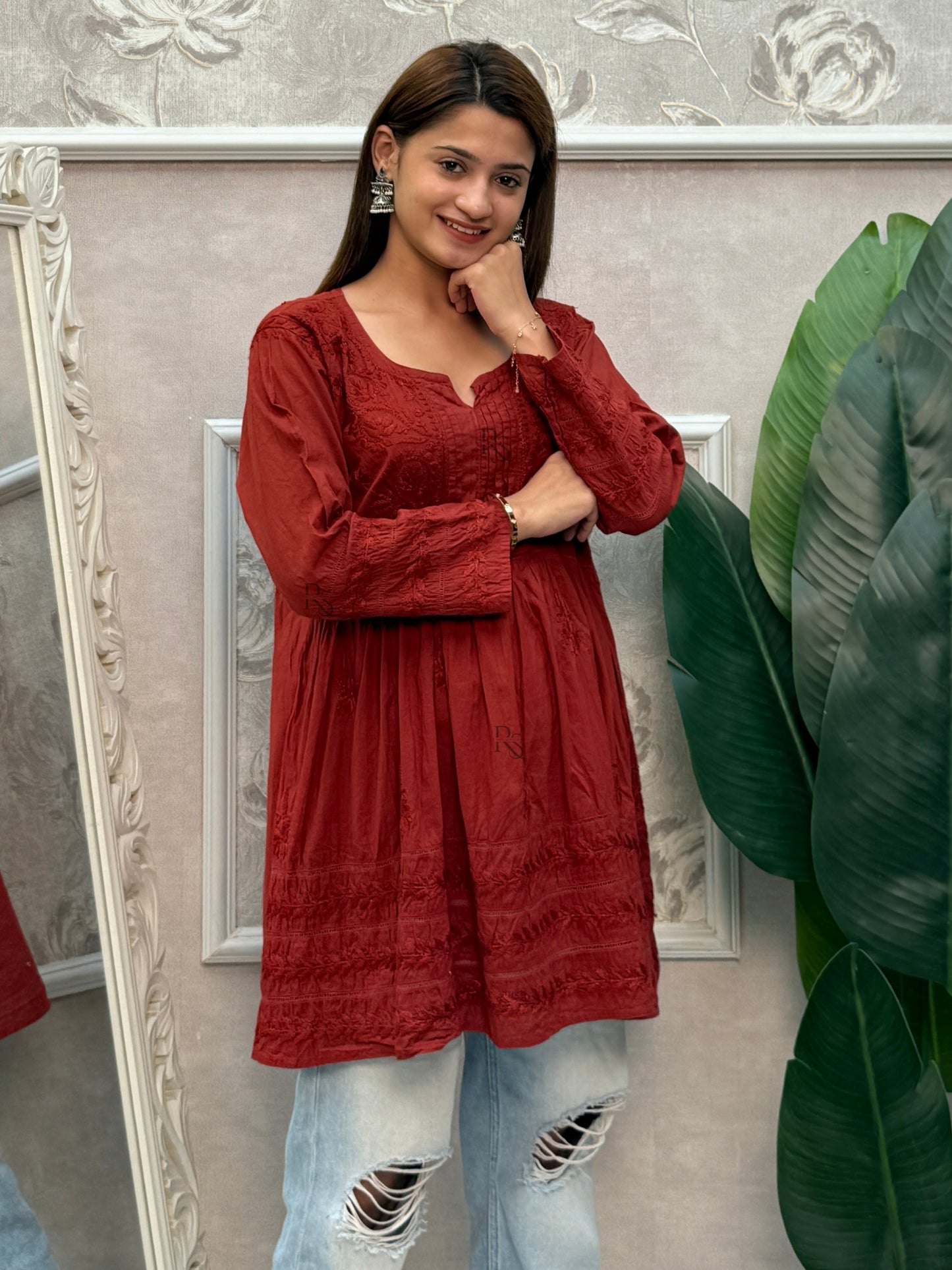Rust cotton chikankari short flared kurta with hand embroidery.