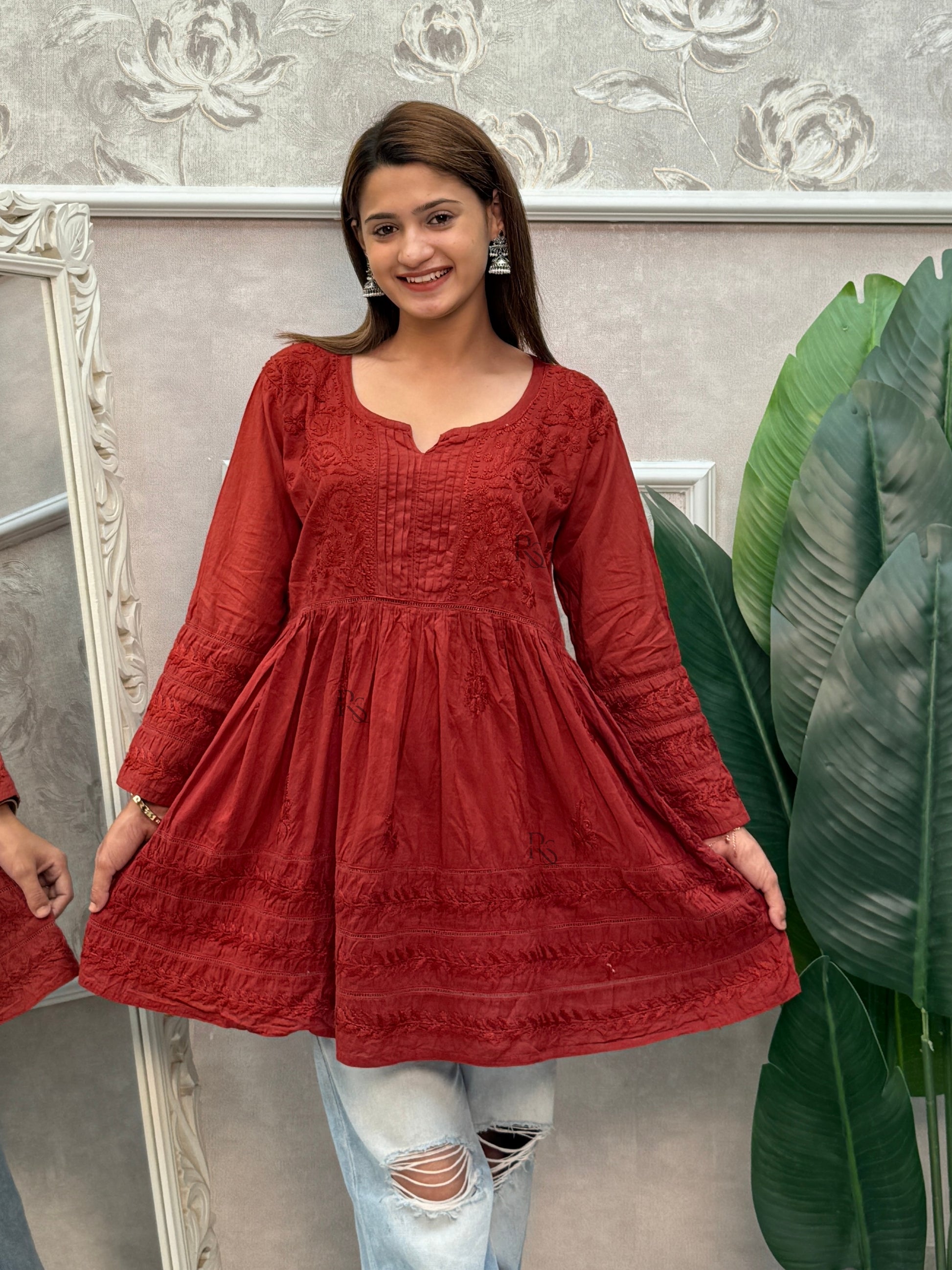 Rust cotton chikankari short flared kurta with hand embroidery.