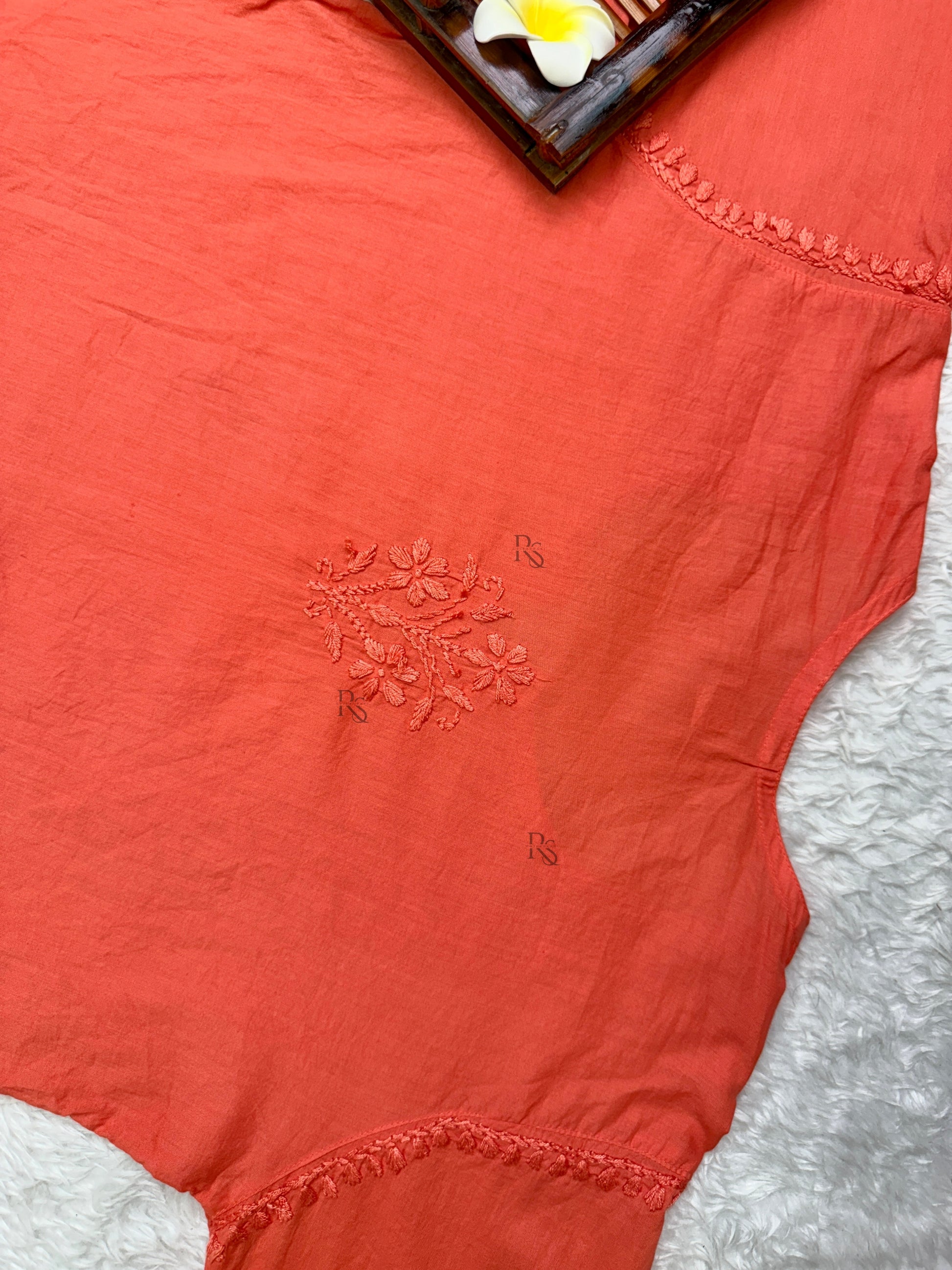 Coral cotton short Lucknow chikankari kurta with hand embroidery and side pockets