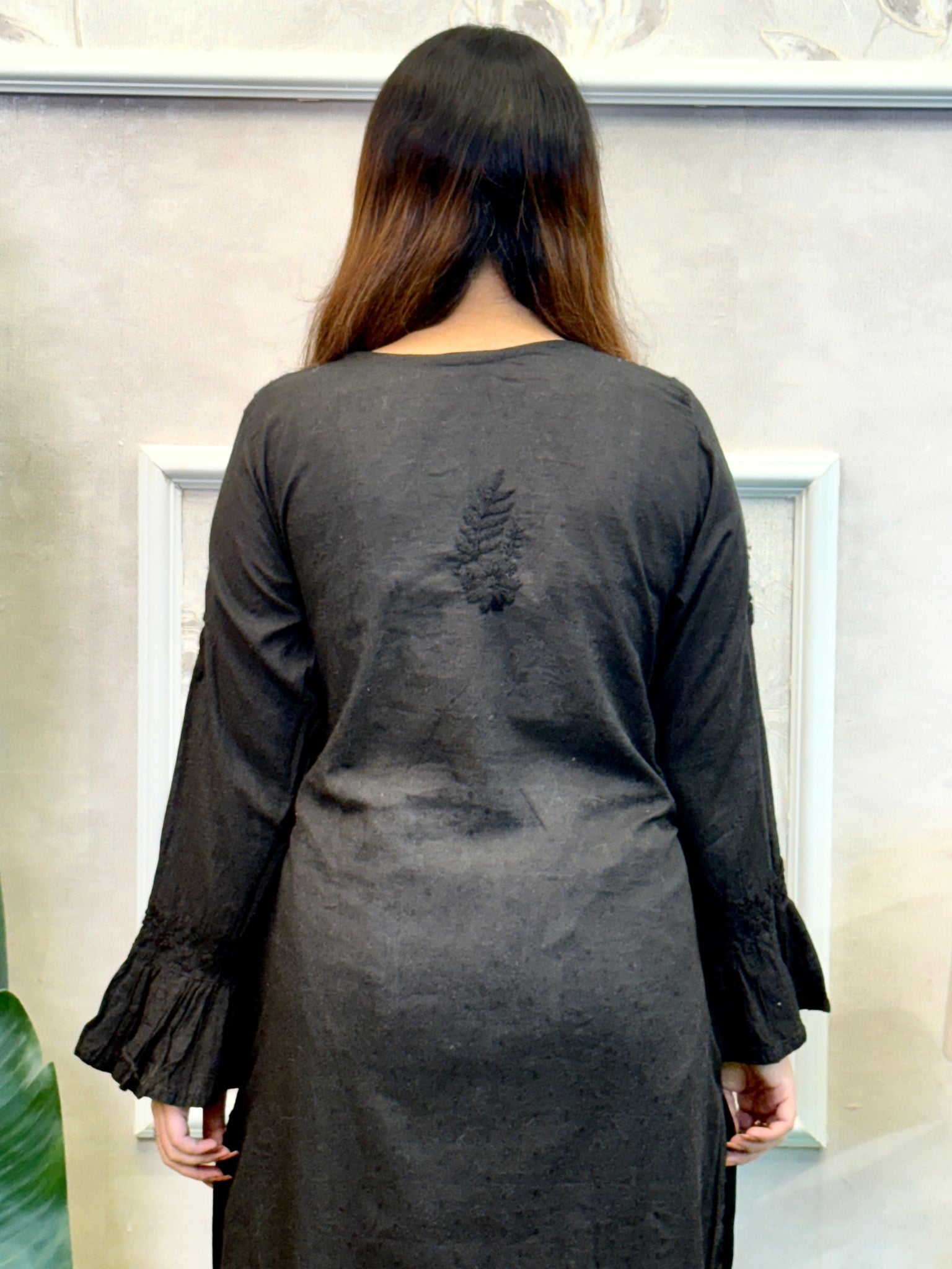 Black Dobby Cotton Lucknow Chikankari Kurta with hand embroidery and bell sleeves look